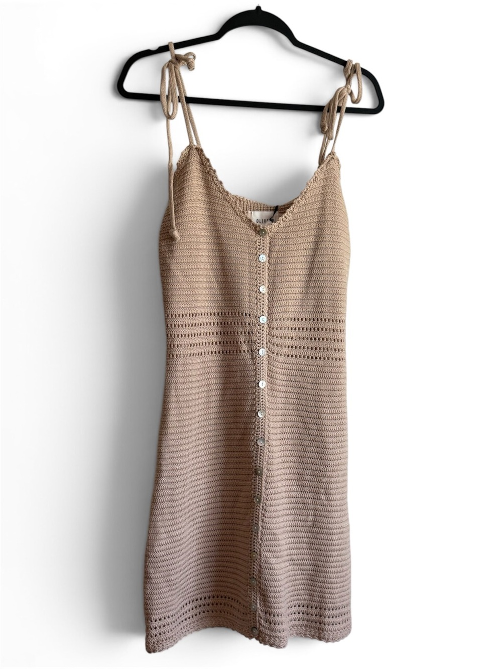 Olive & Oak Beige Crochet Button-Front Tie-Shoulder Mini Dress